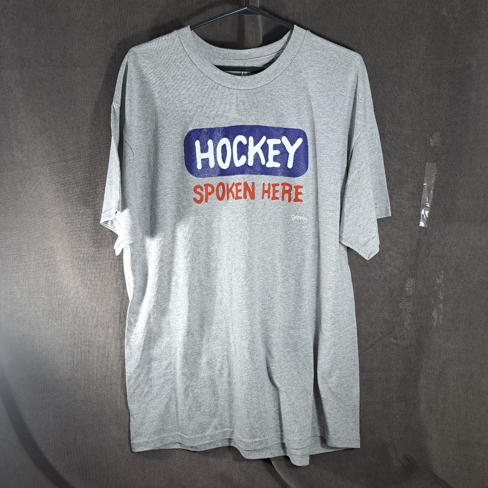Grimm "Hockey Spoken Here" Humourous Light Grey Graphic Tee NWT XL